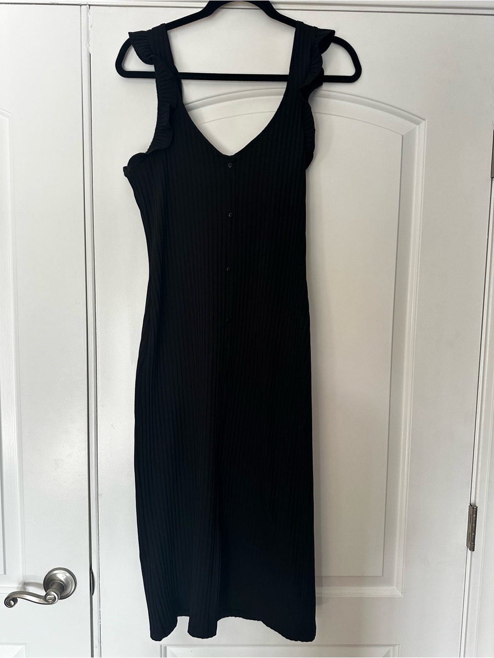 Zara Black Ribbed Midi Dress with Ruffle Shoulder Straps